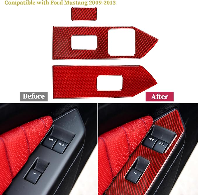 Real Carbon Fiber Trim for Ford Mustang Accessories | for 2009 2010 2011 2012 2013 2014 Window Lift Panel Cover Interior Thick Overlay Decal 3PCs