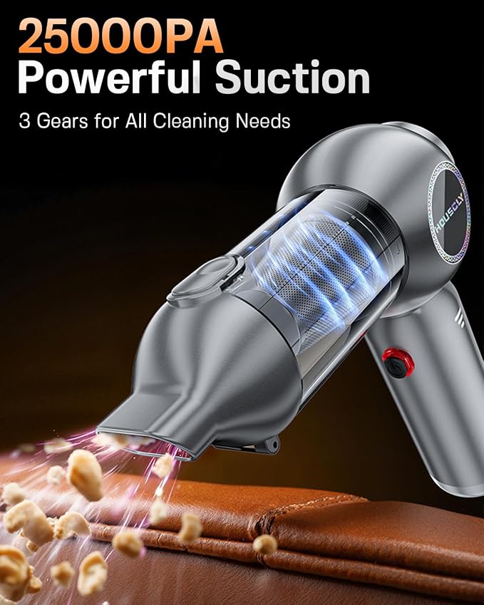 houscly Car Vacuum Cordless Mini Handhled 4-in-1 High Power Cleaner 25000Pa | Brushless motor-8000mAh-Rechargeable-Duster blower-Pet hair crumb cleaning for car sofa office desk- Ideal gifts for men