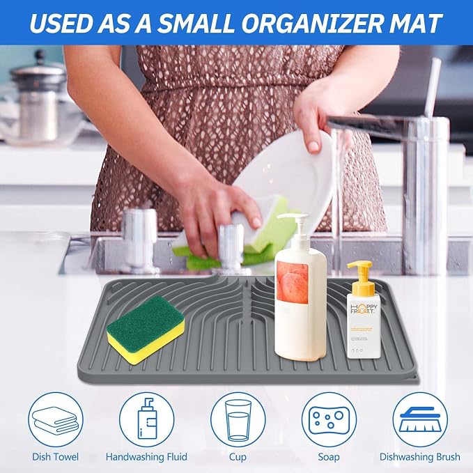 Dish Drying Mat for Kitchen Counter, with Built-in Drain Lip, Food-Grade Silicone, Easy Clean Pad for Countertop Protection, Multi-Functional Use (14.7x10.2, Grey)