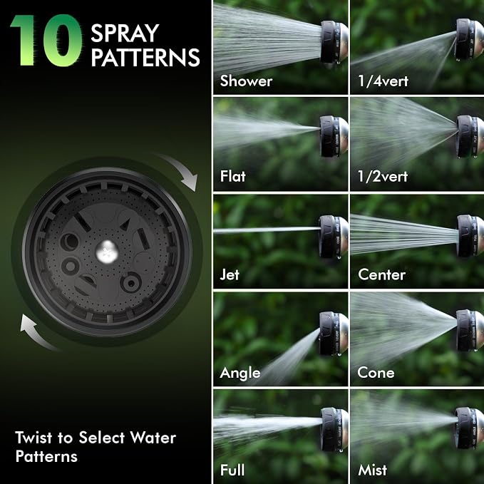 RESTMO 10-in-1 Water Hose Nozzle, Garden Hose Sprayer with 10 Adjustable Spray Patterns, Easy Thumb Control for Flow Adjustment, Ideal for Watering Plants & Lawns, Washing Cars & Pets, Black