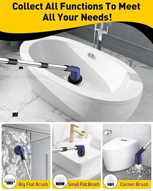 Electric Spin Scrubber for Cleaning Bathroom, Shower Scrubber Cordless Cleaning Brush with IPX7 Waterproof & 2 Speed, 3 Brush Heads, Bathroom Cleaning Supplies for Shower Tub Kitchen Tile Toilet Navy