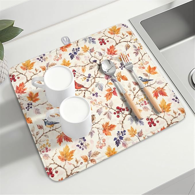 Fall Dish Drying Mat for Kitchen Counter Autumn Harvest Watercolor Maple Leaves Birds Dish Drainer Mat Rustic Farmhouse Absorbent Washable Drying Pad 16"x18"