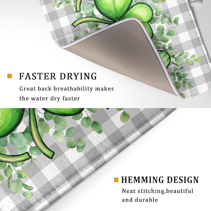 St Patricks Day Dish Drying Mat for Kitchen Counter Shamrocks Eucalyptus Leaf Holiday Microfiber Absorbent Dish Draining Reusable Washable Foldable Extra Large 18"x24"