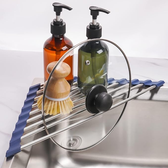 Tomorotec Triangle Roll-Up Dish Drying Rack for Sink Corner Small Foldable Stainless Steel Over The Sink Multipurpose Kitchen Drainer Caddy Organizer Storage Shelf Holder (Deep Blue)