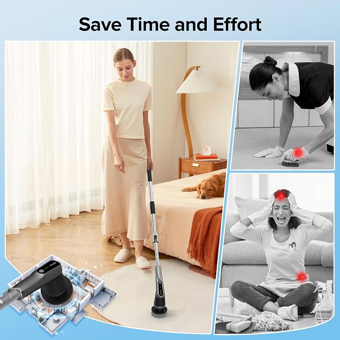 Electric Spin Scrubber, 10-in-1 Shower Scrubber & Retractable Long Handle, 44 lbs High-Torque & Variable Speed Shower Cleaning Brush for Bathroom,Toilet, Bathtub, Kitchen, Tile Floors,