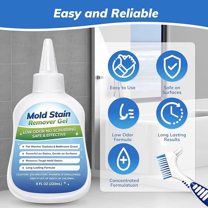 Mold-Stain Remover Gel for Washing Machine & Bathroom – Low Odor Remover Gel for Rubber Gaskets, Shower Grout, Silicone Sealant, Toilet, Kitchen Sink