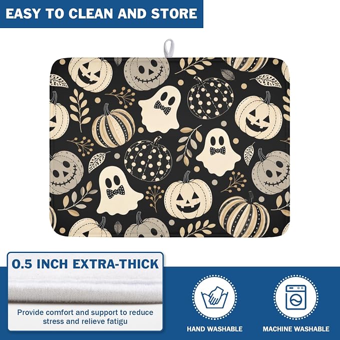 Halloween Dish Drying Mat for Kitchen Counter 18 x 24 Inch Pumpkin Ghost Dish Drainer Mat Absorbent Microfiber Autumn Leaves Dish Rack Pad for Coffee Dining Bar Decor