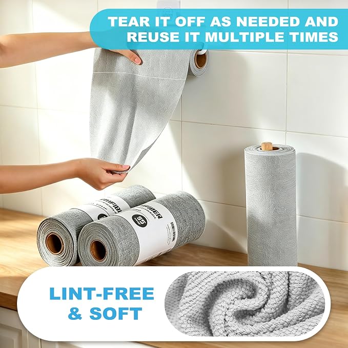 Puomue 55 Pack Microfiber Cleaning Cloth Roll, Tear Away Reusable Paper Towels, 11" X 9", Ultra Absorbent & Lint Free Microfiber Cloth for Cleaning Cars, Kitchen, Window, Home and Shop, Grey