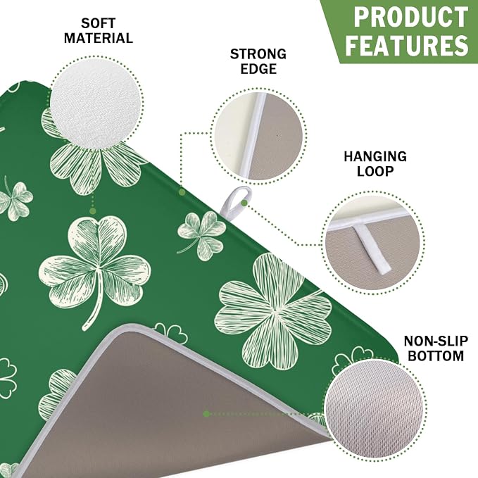 St Patrick's Day Dish Drying Mat 16 x 18 Inch Green Shamrock Dish Drainer Rack Mat Absorbent Microfiber Mats for Spring Lucky Clovers Dish Pad for Kitchen Coffee Bar Decor