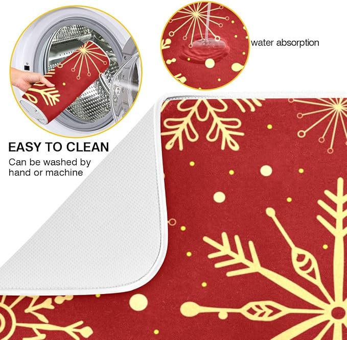 Christmas Snowflakes On Red Dish Drying Mat for Kitchen, Absorbent Microfiber Drying Pad Dish Mat, 16" X 18"