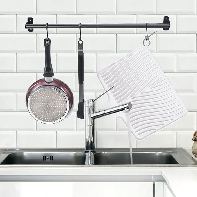 TIKNIK Silicone Dish Drying Mat for Kitchen Counter - Heat Resistant & Non-Slip Dish Drain Pad with Built-In Drain, Dishwasher Safe, Quick-Dry, Hangable & Roll-Up for Storage, White-2pcs, 16" x 12"