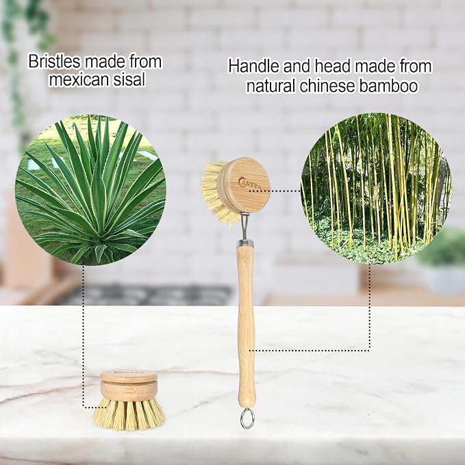 Bamboo Dish Brush with Handle - Soft Bristle Plastic Free Potato Scrubber Brush Compostable & Sustainable Produce Brush for Dishes Pots and Pans