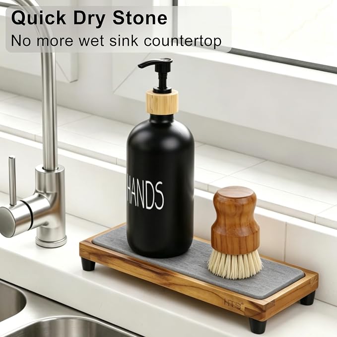 HTB Teak Instant Sink Caddy Organizer, Absorbing Stone Bathroom Tray Grey | Teak, Keep Dry, Caddy Organizer, Water Absorbing Stone, Non-Slip, Bathroom, Quick Drying, Grey