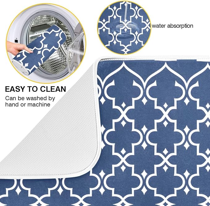 Super Absorbent Dish Drying Mat Microfiber Fast-Drying Dish Mat 16" x 18" Kitchen Dish Drying Pad Watercolor Cute Navy Blue Moroccan