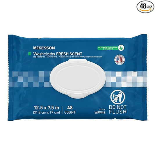 McKesson Washcloth Wipes, Alcohol-Free, 48 ct | Scented, Disposable Wet Wipes for Adults, No-Rinse Formula, Snap Lid Soft Pack
