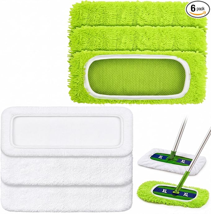 Toulite 6 Pcs Reusable Mop Refill Pads Replacement Compatible with Most XL Sweeper 17" x 5" Microfiber Mops Head Floor Cleaning Supplies (Handle is Not Included) (Green,White)
