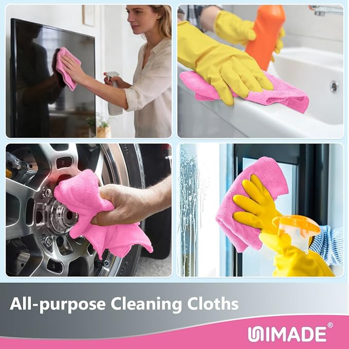 UNIMADE Microfiber Cleaning Cloth, 100 Sheets Microfiber Towels for Cars | Commercial Grade Washcloths Lint-Free Bulk Shop Towel Cleaning Rags for Restaurant Garage Housekeeping,11"x 9", Pink