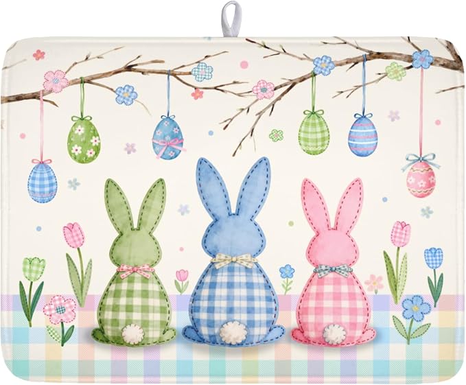 Easter Bunny Dish Drying Mat for Kitchen Counter 18 x 24 Inch Rabbit Eggs Dish Drainer Mat Absorbent Microfiber Dish Rack Pad for Spring Holiday Coffee Dining Bar Decor