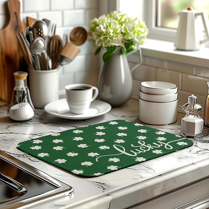St Patrick Shamrock Drying Mat for Kitchen Counter Green White Lucky Clover Drying Dish Mat St Patricks Day Absorbent Microfiber Dish Drying Pad Reusable Dry Mat 16 x 18 Inch