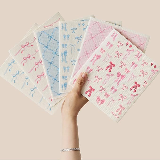 RECYCO Swedish Dishcloths for Kitchen | 6 Packs Lovely Bows Washable Dish Rags | Cellulose Reusable Cleaning Paper Towels | Absorbent Counter Dish Cloth Sponge Kitchen Wipes, 8" L x 7" W