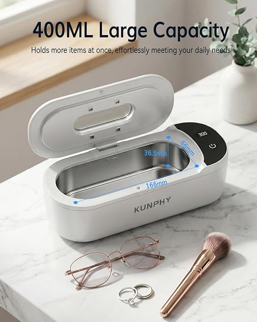 KUNPHY 48kHz Ultrasonic Jewelry Cleaner, Ultrasonic Cleaner | 2026 Upgraded Design, 400ml Tank, 2 Digital Timers, Touch Operation, for Eyeglasses Watches Silver Gold Diamond Rings