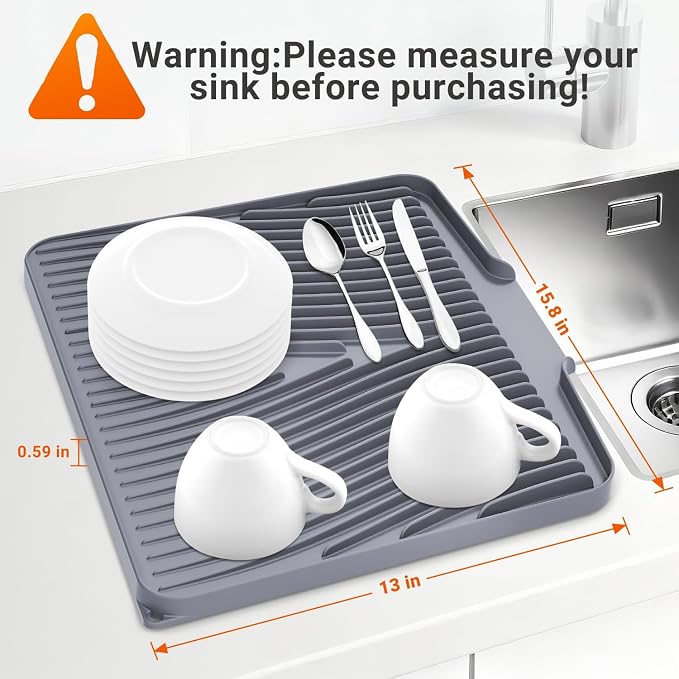 Silicone Dish Drying Mat for Kitchen Counter, 15.8"x13" 2Pcs Extra Large Non-Slip Drain Pad with Built-in Drainage, Heat Resistant Dishwasher Safe, Grey