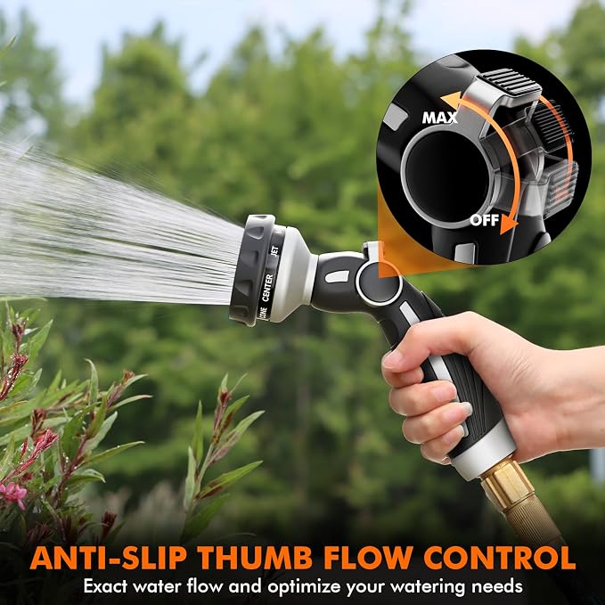 RESTMO Hose Nozzle Heavy Duty, Metal Water Hose Sprayer for Garden | 9 Spray Patterns, Leak Proof, Thumb Flow Control, On/Off Valve, Ideal for Outdoor Lawn & Plant, Car & Pet, Silver