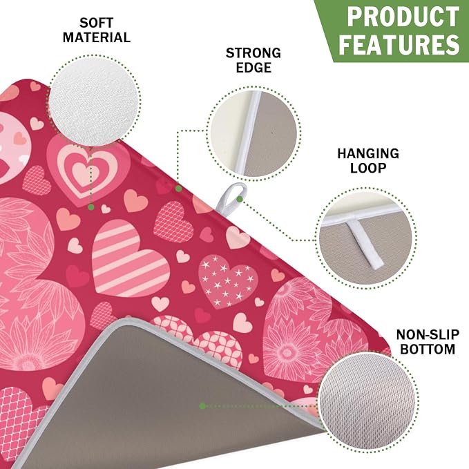 Valentine's Day Red Heart Dish Drying Mat 16x18 Inch | Polyester，Absorbent Microfiber，for Kitchen Coffee Dining Bar Decor