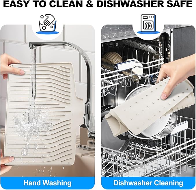 Silicone Dish Drying Mat for Kitchen Countertops and Sinks,19 x13.7 Inch Non Slip Heat Resistant Mat with Built In Drainage System,For Refrigerator and Drawer Liners (Creamy-white, 19 x13.7 Inch)