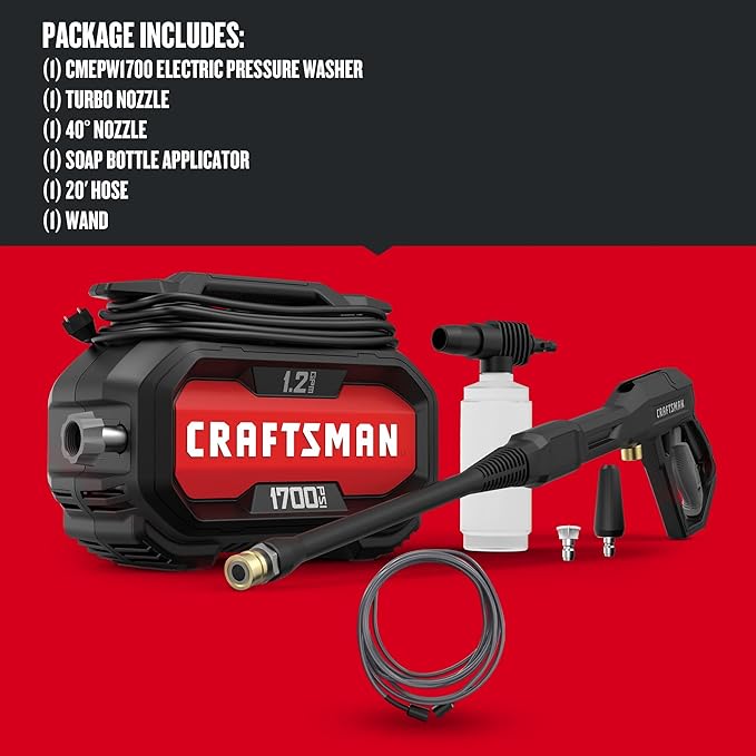 CRAFTSMAN Electric Pressure Washer, Cold Water, Lightweight Corded Power Washer for Cars, Driveways, Patio and Garage, Powerful 1700-PSI, 1.2-GPM, Compact, Easy to Use (CMEPW1700)