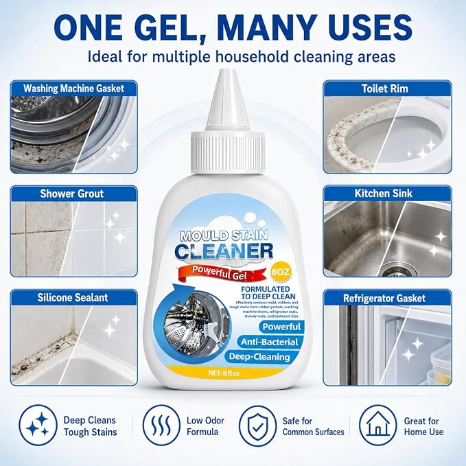 Housemold Stain Remover Gel for Washing Machine & Bathroom – Low Odor Remover Gel for Rubber Gaskets, Caulk, Shower Grout, Silicone Sealant, Toilet, Kitchen Sink, 8 FL