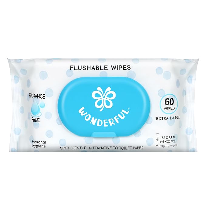 WONDERFUL Flushable Butt Wipes, Unscented 100% Plant-Based Wet Wipes for Adults & Kids, Sewer & Septic Safe, Gentle on Sensitive Skin, Wipes Flushable Pack for Bathroom & Travel, 1-Pack (60 Count)