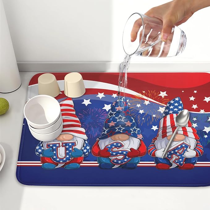 Kawani 4th of July Dish Drying Mat 18x24 Inch Spring Summer Patrioti Gnome Memorial Kitchen Mats Independece Day Absorbent Dishes Pad for Kitchen Counter Usa Stars Drying Mat Home Decor Countertops