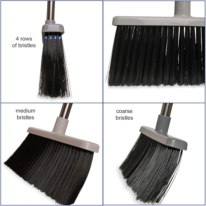 JFB Home Products BristleComb Outdoor Broom & Dustpan Set Upright, 49" Long Adjustable Broom, Long Handle, Self-Cleaning Comb & 2 Interchangeable Heads of Different Stiffness - Medium and Coarse