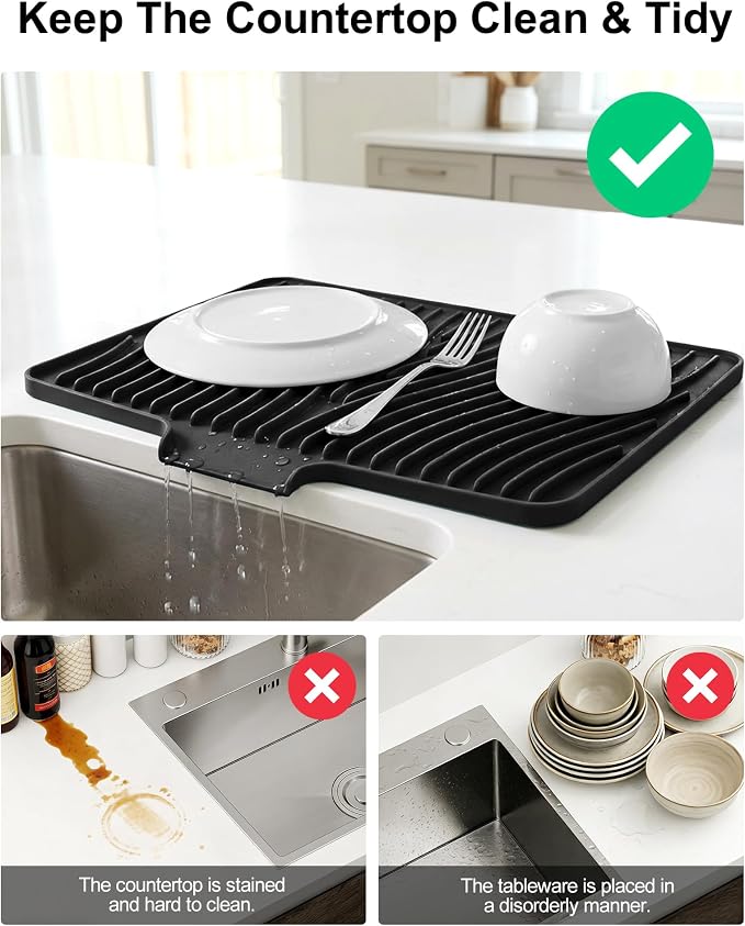 Silicone Dish Drying Mat for Kitchen Counter, Non-Slip Drain Pad with Built-in Drain, Heat Resistant Dish Drying Pad, Multi-Use Drying Mat, Dishwasher Safe & Hangable, Black, 19.7" x 15"