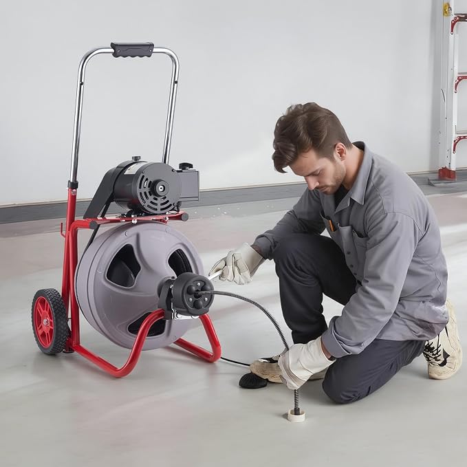VEVOR Drain Cleaner Machine 100 FT x 3/8 Inch, Auto Feed Sewer Snake Drain Auger on Wheels, Portable Drain Cleaning Machine with 8 Cutters & Air-Activated Foot Switch for 2" to 4" Pipes