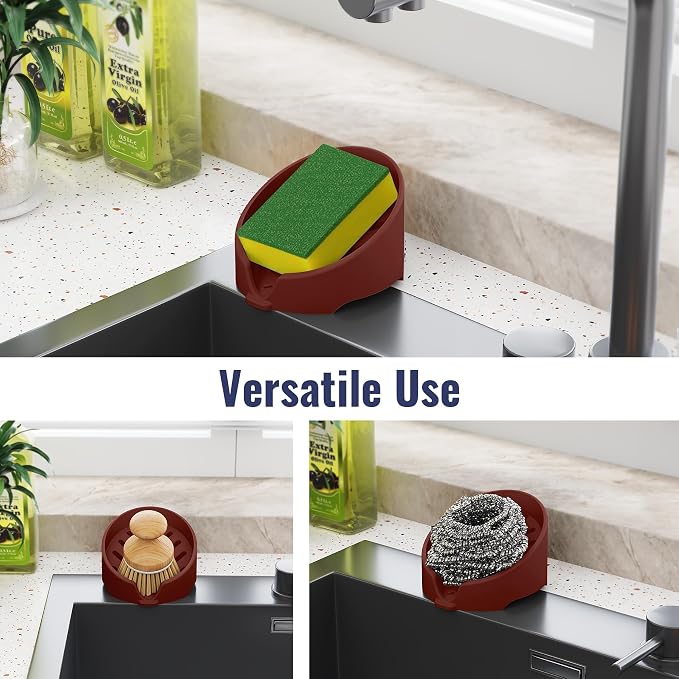 NiHome Silicone Sponge Holder for Kitchen Sink, Fits Scrub Daddy Mommy | Self-Draining Dispenser Organizer Tray, Sink Caddy Countertop Fits Soaps, Scrubber, Dishwasher Safe, Includes Brush, Dark Red
