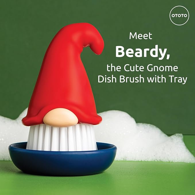 OTOTO Gnome Dish Brush with Handle - Cleaning Brush, Vegetable Brush, Dish Scrub, Gnome Handle, Unique Kitchen Gadgets, Funny Kitchen Tools, Useful Gifts for Women (Beardy Red)