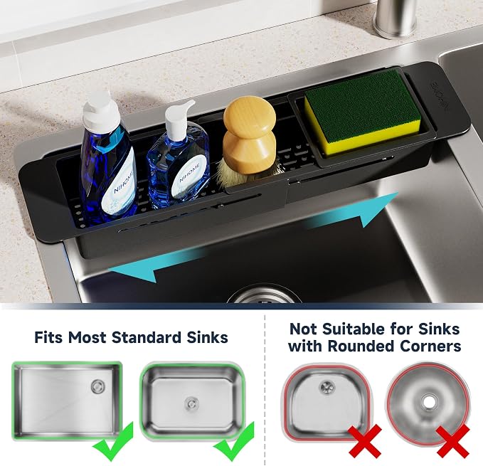 NiHome Extendable Over Sink Kitchen Organizer, Small Telescopic Brush Storage Rack for Sponge, Non-Slip Pads Expandable Sink Caddy, Adjustable Sponge/Brush Rack with Drainage Durable ABS (Black)
