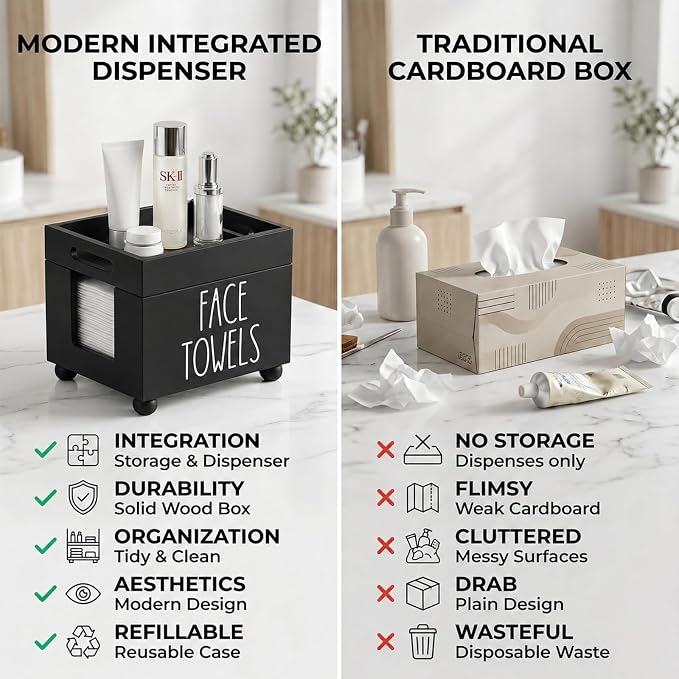 Disposable Face Towel Holder, Wooden Facial Towels Dispenser, Clean Towel XL Box for Bathroom Countertop, Open-Top Cleansing Wipes Organizer for Vanity, Rustic Skincare Storage (Black)