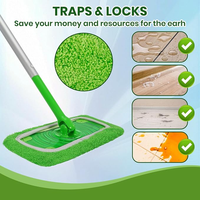 6 Pack Reusable Microfiber Mop Pads - Compatible with Sweeper, Reusable Mop Pads, Washable Dry Cloths & Wet Pads Refill for Hardwood Laminate Tile Floor Cleaning (6, Green, M)