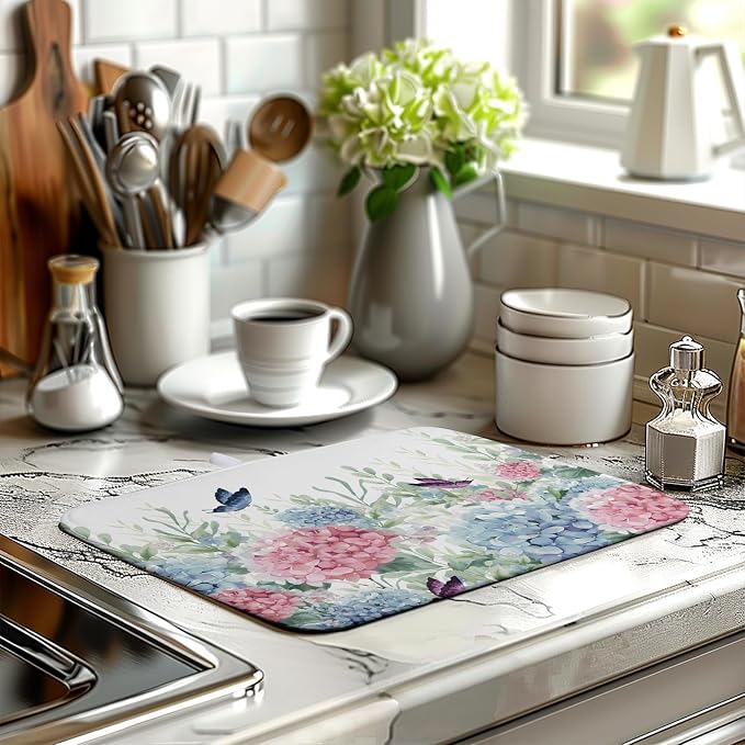 Spring Flowers Dish Drying Mat for Kitchen Counter Blue Pink Hydrangea Floral Drying Mats Absorbent Reversible Microfiber Dish Draining Mat Reusable Washable Dishes Pad Medium 16"x18"