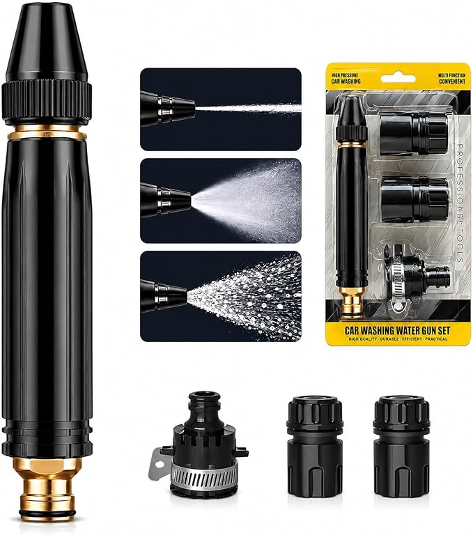 High Pressure Hose Nozzle, Full Metal Hose Sprayer with Adjustable Spray | Heavy duty construction with powerful water flow for car washing, garden watering, patio cleaning and outdoor tasks.