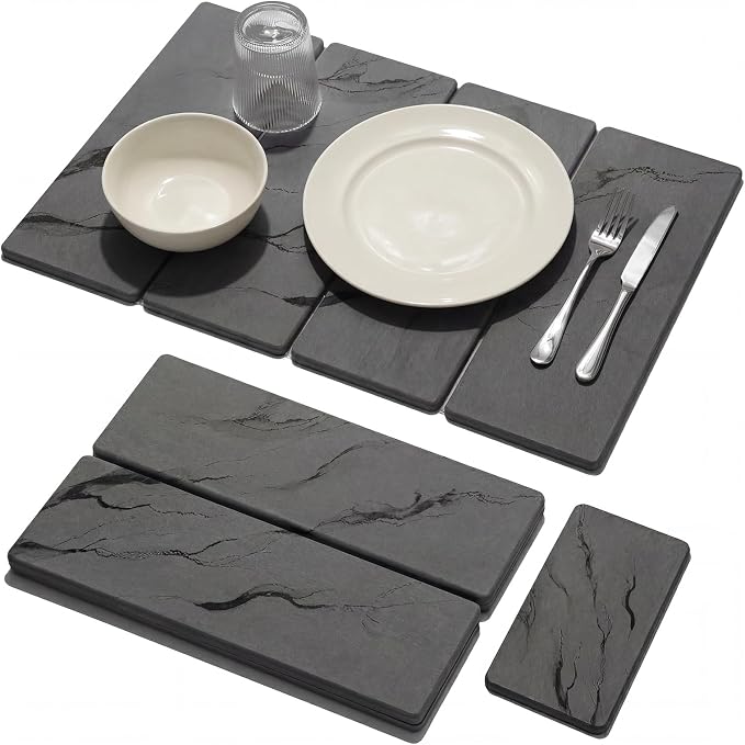 Large Stone Dish Drying Mat for Kitchen Counter, 2 PCS Quick Dry Diatomaceous Earth Dish Mat Set – Foldable Water Absorbing Kitchen Accessories for Countertop(Dark Gray 24"x16"&8"x4")
