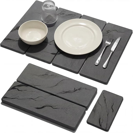 Large Stone Dish Drying Mat for Kitchen Counter, 2 PCS Quick Dry Diatomaceous Earth Dish Mat Set – Foldable Water Absorbing Kitchen Accessories for Countertop(Dark Gray 24"x16"&8"x4")