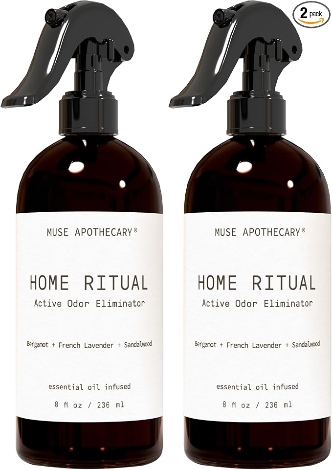 Muse Apothecary Home Ritual Active Odor Eliminator Spray - Furniture Deodorizer Spray & Bathroom Odor Eliminator for Home - Essential Oil Air Freshener - 8oz, Bergamot + French Lavender + Sandalwood