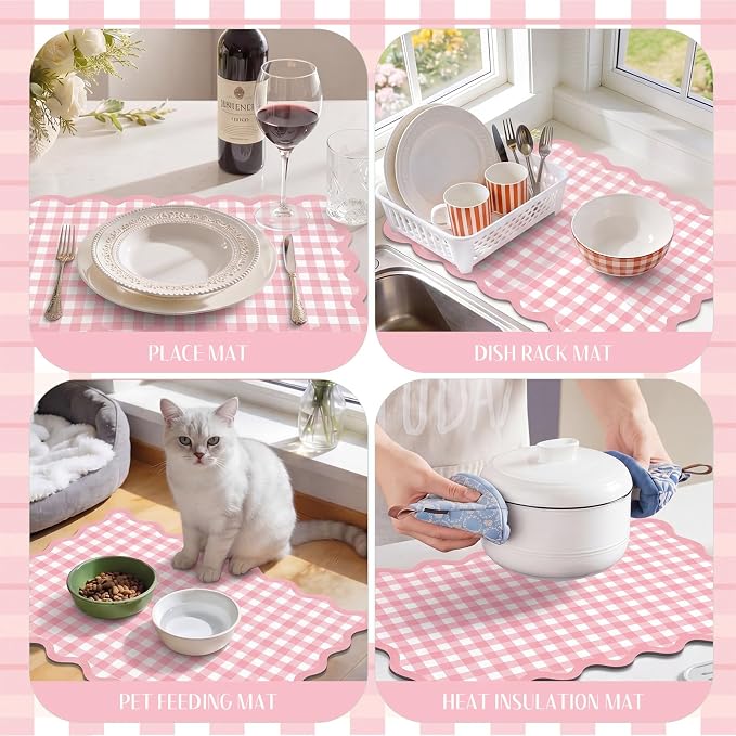 Scalloped Gingham Coffee Mat 12" x 20" Absorbent Coffee Bar Mat Gingham Espresso Matt for Counter(Pink)