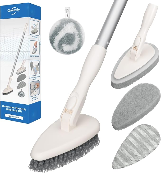 Qaestfy 4-in-1 Tub and Tile Shower Scrubber, 51'' Bathtub Cleaning Brush with Long Handle, Soft & Stiff Bristles Bathroom Scrub Brush, Non-Scratch Shower Cleaner Brush for Cleaning