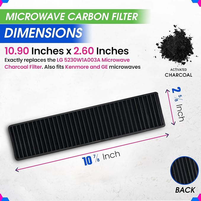 Microwave Charcoal Filter Replacement 10.9"x 2.6" Fits for LG 5230W1A003A - Compatible with Kenmore and LG Microwave Filter Replacement - Stove Vent Fan Filters Removes Odors & Freshens the Air (3-Pk)