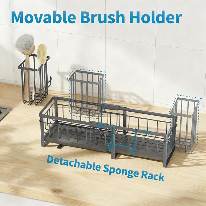Aurblozen Extra Large Extendable Sponge Holder for Kitchen Sink, Rustproof Sink Caddy Organizer with High Brush Holder, Dish Soap Dispenser Organizers and Storage (Gray)